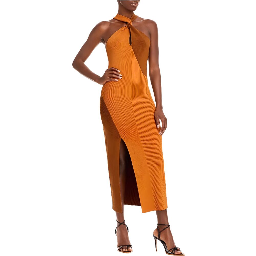 Nicholas NWT Aegle Knit Twist Front Halter Midi Dress Brown Beige Ribbed Sz M